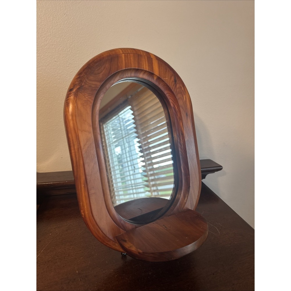 12"x8" Vintage Rustic Oval Wooden Wall Mirror w/ Shelf